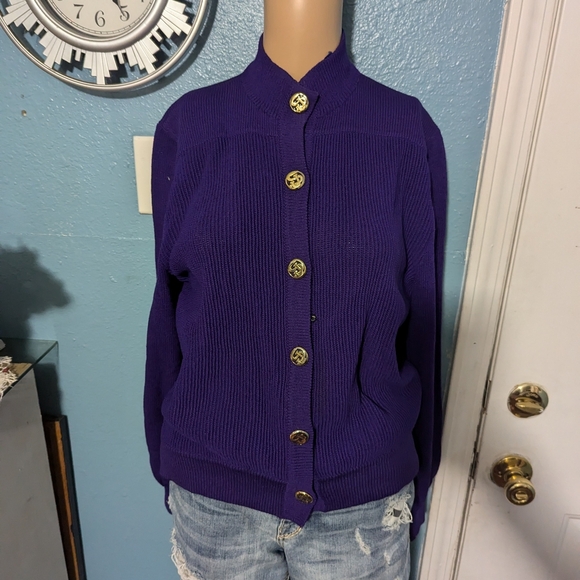 St. John Purple Knit Cardigan with Gold Accents - Picture 4 of 7